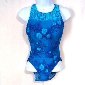 Vintage Gabar Blue Metallic Floral One Piece Swimsuit Size 6
